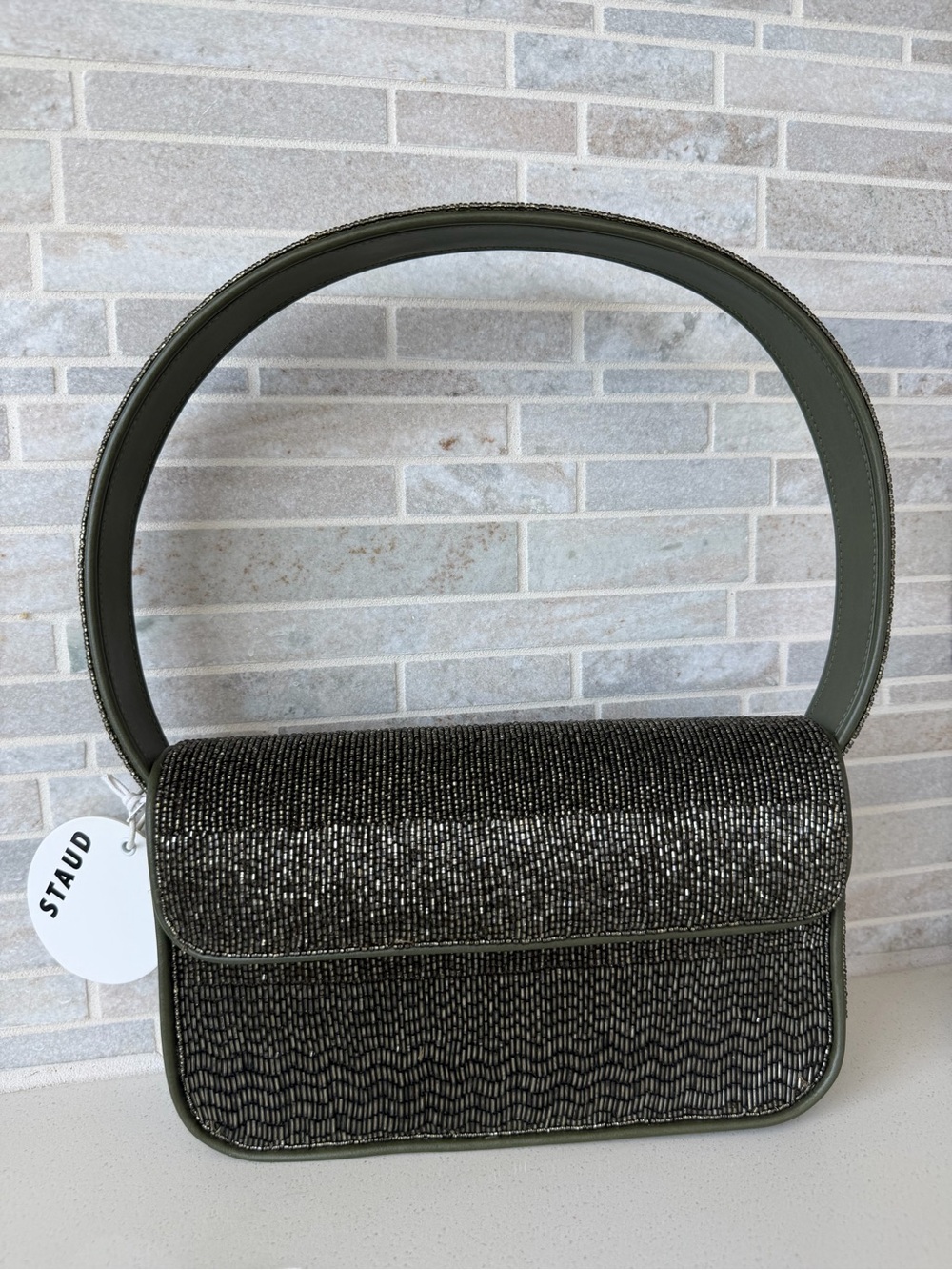 STAUD Olive Beaded Shoulder Bag with Wide Handle